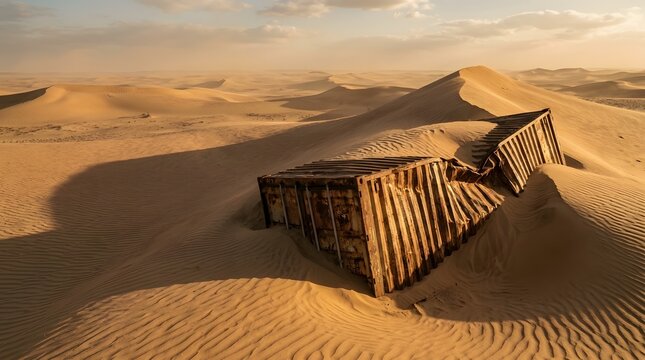 Rusted damaged cargo container half buried in massive desert sand dunes illustrating the environmental impact of abandoned industrial shipping logistics