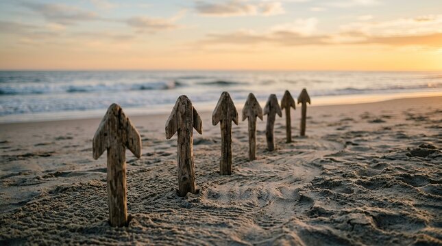 Wooden Arrows Pointing Towards Ocean Sunset on Sandy Beach.