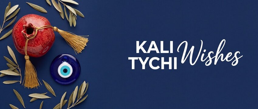 Greek Good Luck Charms Banner with Pomegranate, Evil Eye, and Olive Leaves on Blue Background for New Year Kali Tychi Wishes, Traditional Mediterranean Talismans for Prosperity and Protection