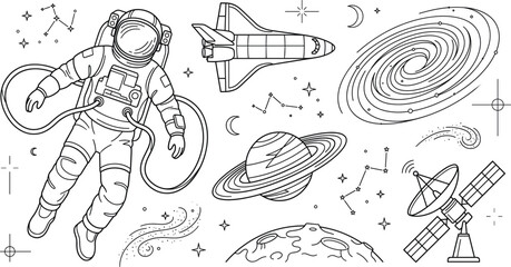 Astronaut Outer Space Exploration and Galaxy Universe Line Art Element Set with Shuttle © pappa