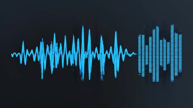Blue audio waveform graphs evolving over time with subtle digital energy pulses during a broadcast