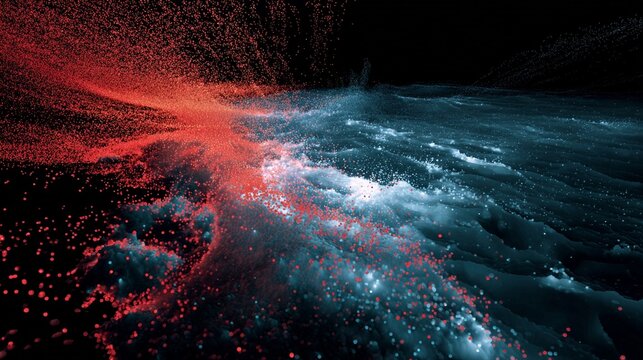 A dynamic and powerful data visualization depicting World War II ship losses, showcasing a vibrant contrast of red and blue particles in an abstract oceanic environment, creating an intense and evocat
