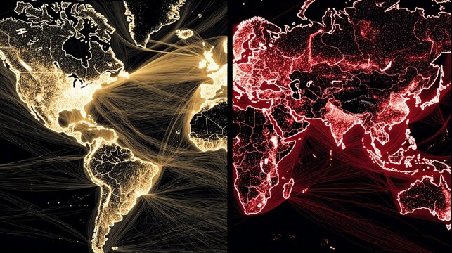 Dramatic split-screen visualization showcasing global trade flows with vibrant colored lines connecting North and South America to Europe and Asia, illustrating complex international networks and econ