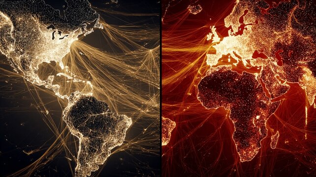 A powerful split-screen visualization of global trade connections, showcasing North America illuminated with bright data lines on the left and Europe and Africa on the right, conveying dynamic movemen