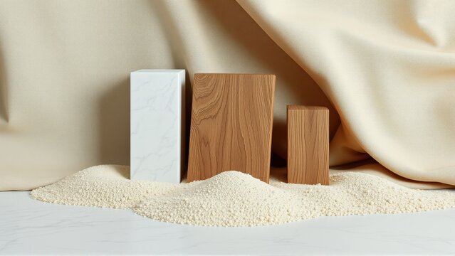 Minimalist composition features marble, wood blocks, soft fabric. Neutral tones create calm aesthetic, simple presentation.