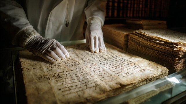 An archivist in a white coat and gloves carefully examines ancient manuscripts in the Archivo Nacional da Torre do Tombo in Lisbon, surrounded by stacks of historical documents and a dimly lit atmosph