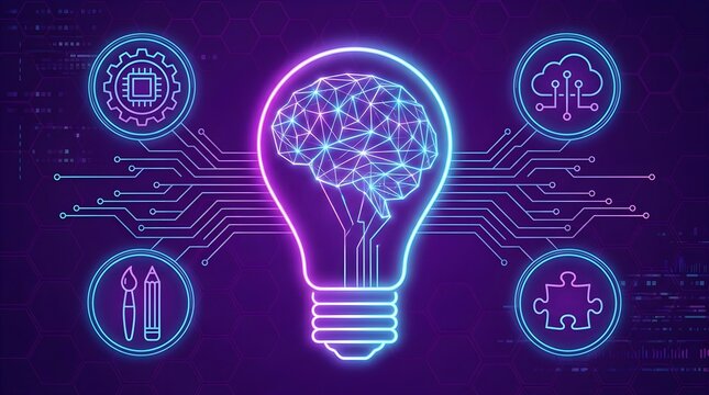 Artificial intelligence concept with glowing brain inside light bulb