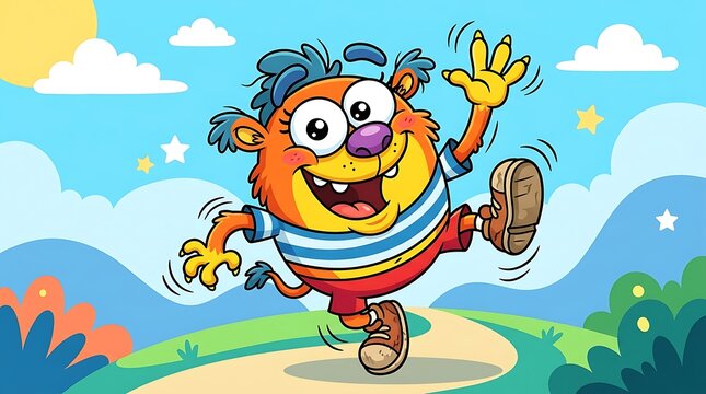 Happy cartoon tiger character running joyfully on path in colorful landscape with clouds, sun and hills background