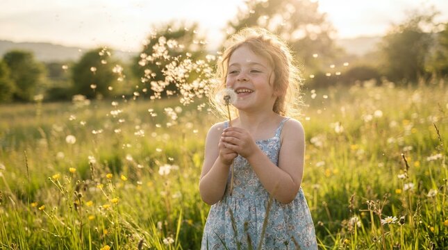 Young girl blowing dandelion seeds in a sunlit meadow during golden hour.