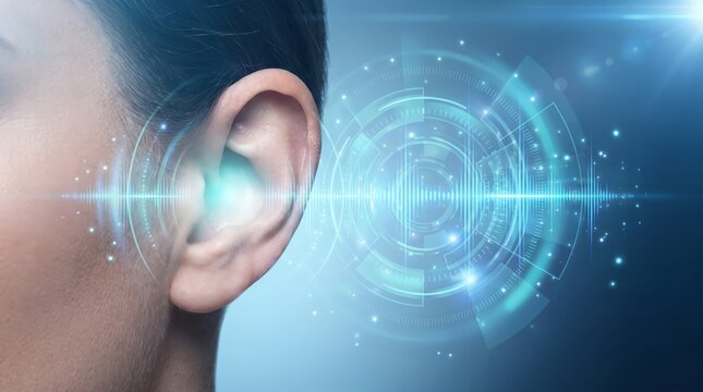 A human ear with digital sound waves and circuit board patterns glowing on dark background with glows blue digital communication intelligence, 4k image