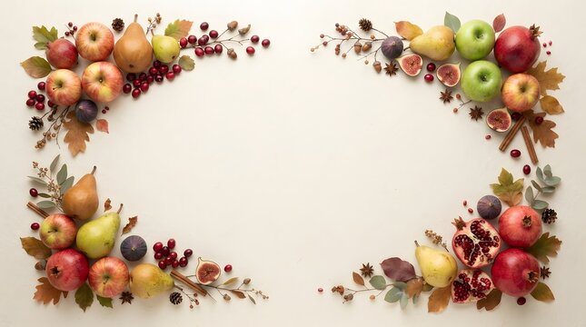 Autumn fruit border with apples, pears, pomegranates, and berries