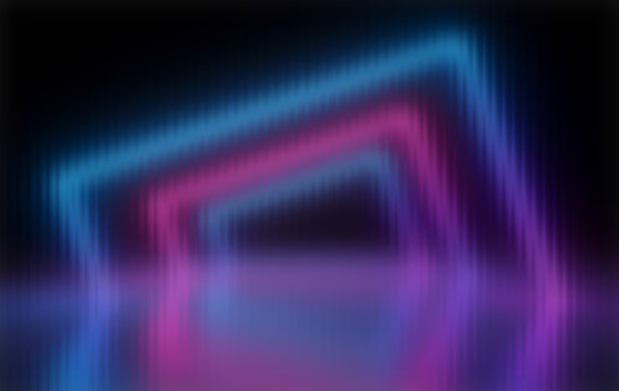Abstract glowing neon square tunnels receding into distance in blue pink and purple