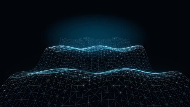Abstract 3D low poly wireframe terrain with slowly flowing digital waves and glowing neon blue lines on a dark futuristic background, creating a seamless technological data landscape loop.