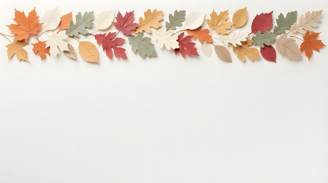 Horizontal border of paper cutout autumn leaves in muted fall colors