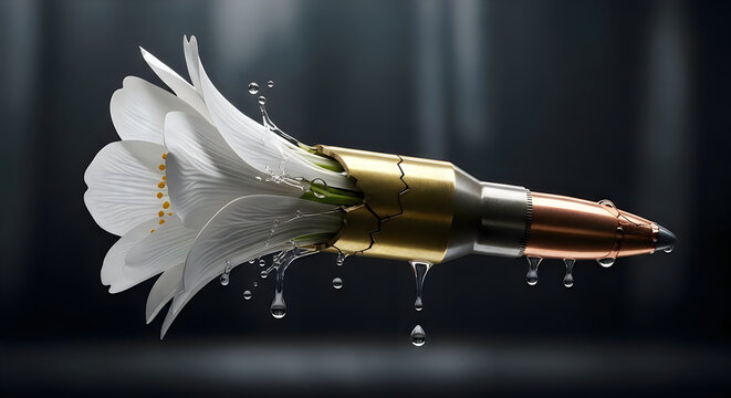 A powerful conceptual image representing international peace day featuring a bullet transforming into a beautiful white flower