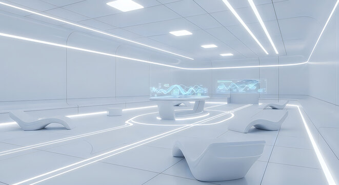 A futuristic bright white laboratory space designed for scientific research and international peace day global innovation efforts