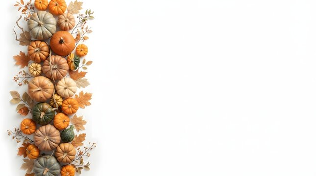 Vertical border of assorted pumpkins, gourds, and autumn leaves on white background