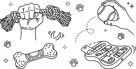 Obraz premium Dog Training Toys and Interactive Pet Care Line Art Icon Set with Hand