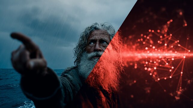 A dramatic split-screen image illustrating the convergence of evidence, featuring an elderly man on the ocean's edge pointing towards the horizon as vibrant digital data streams emerge against a storm