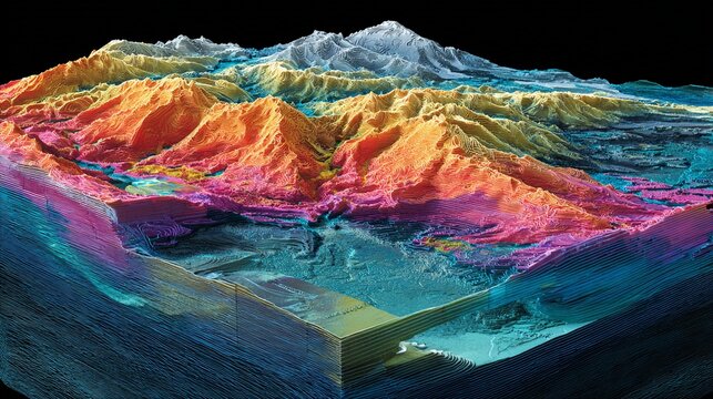 A stunning abstract visualization of the ocean floor featuring vibrant topography of mountains and valleys in a striking color scheme highlighting shades of orange, blue, and purple against a dark bac