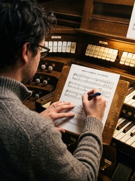 Professional Organist Composing and Marking Sheet Music at a Traditional Pipe Organ Console in a Church