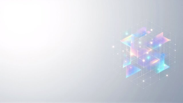 abstract digital art piece light blue background right side cube multiple overlapping triangles different colors pink blue purple triangles connected small white dots creating geometric pattern