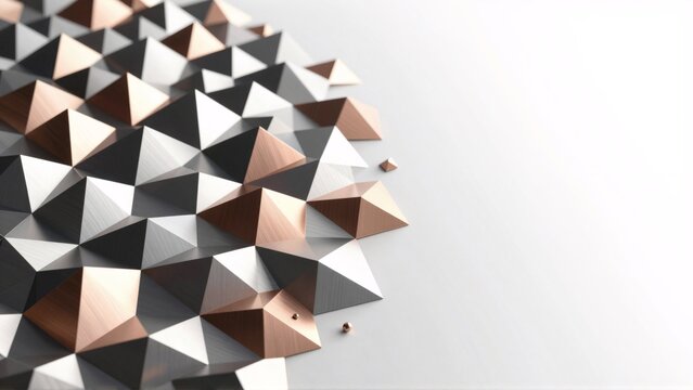 rendering geometric pattern multiple triangular shapes shapes arranged way form grid like pattern shape having different color black white rose gold triangles overlapping creating sense depth
