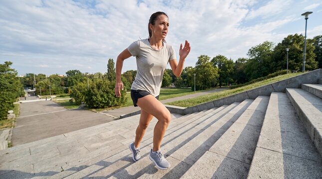 Woman running up outdoor concrete stairs in park during daytime.