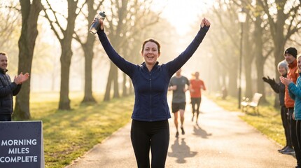 Obraz premium Woman celebrates finishing a race with arms raised in victory.