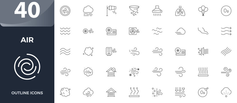 Air and weather line icon set featuring breeze air flow forecast cloud and gust symbols vector outline graphic elements for climate web app ui ux design.