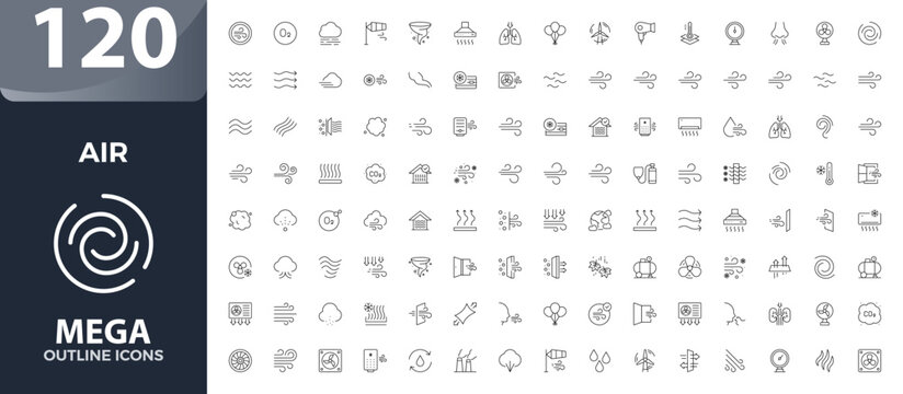 Air and weather line icon set featuring breeze air flow forecast cloud and gust symbols vector outline graphic elements for climate web app ui ux design.