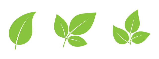 Fototapeta premium Green Leaf icon set featuring single, double, and triple organic leaves for nature logos, eco branding, botanical symbols, and modern design