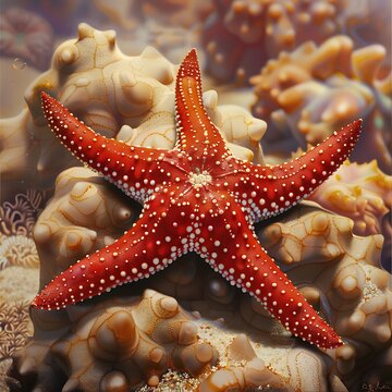 Red starfish with white spots on coral sea star