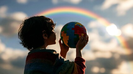 Obraz premium A Child Holding a Globe Made of Puzzle Pieces, Looking Up at a Rainbow