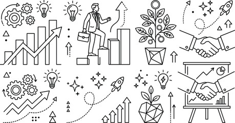 Fototapeta premium Business Growth and Career Success Line Art Element Set with Businessman and Handshake