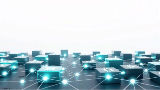 group blue cubes arranged grid like pattern black surface cubes connected network white lines creating network like effect cube has white bitcoin symbol representing concept cryptocurrency background