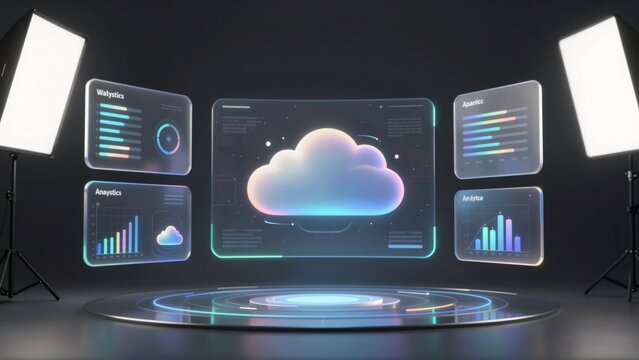 stage set presentation event stage circular shape has black background center stage large screen colorful cloud center cloud surrounded various graphs charts different colors sizes either side screen