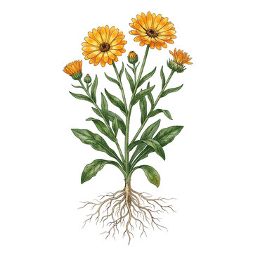 Botanical Illustration of Calendula Plant with Roots