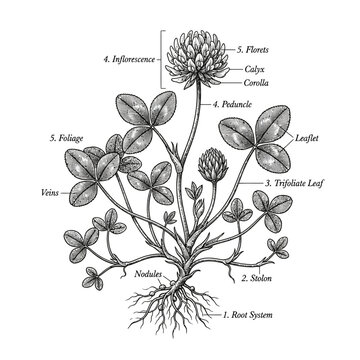Botanical illustration of clover plant anatomy with labels