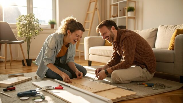A young couple sits on the living room floor assembling flat-pack furniture together, following instructions and laughing as they build a new bookshelf.