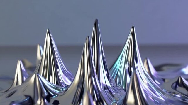 Shiny silver ferrofluid spikes rising on reflective surface, abstract magnetic liquid forming sharp metallic peaks, futuristic science experiment, nanotechnology, physics, magnetism and liquid metal b