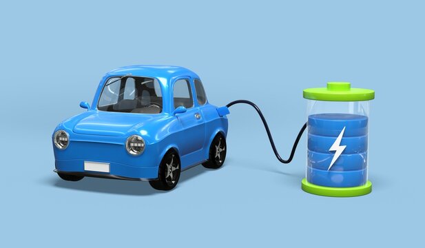 cartoon blue Electric Car Charging from Large Battery Concept on blue Background
