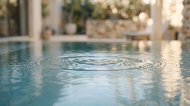 Low angle shot of circular water ripples in swimming pool with blurred sunlit resort background