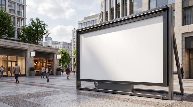 A high quality blank outdoor billboard mockup located in a busy modern city street for advertising