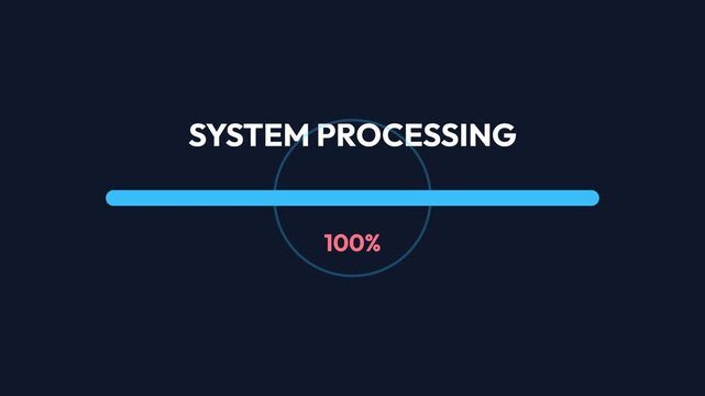 Animated system processing screen with a dynamic progress bar filling from zero to one hundred percent, featuring a modern digital interface on a dark background, symbolizing data loading and task