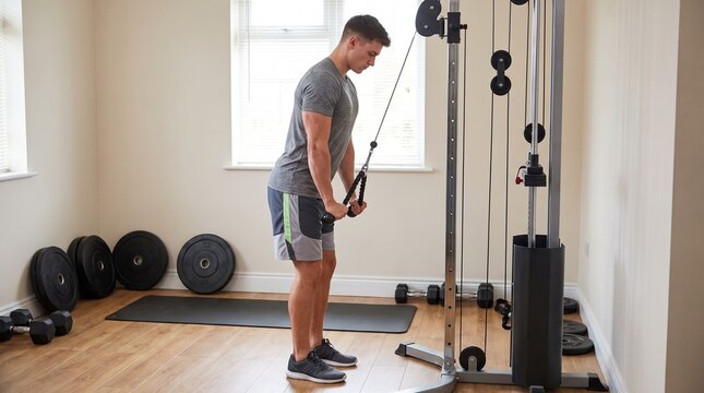Man Performing Triceps Pushdown Exercise on Cable Machine in Home Gym.