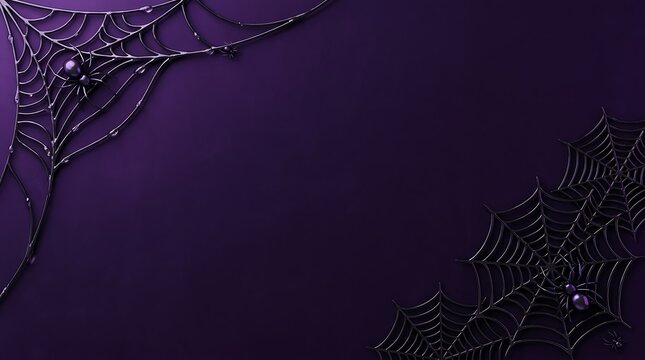 Elegant 3d spider web corner border design featuring dark purple background for halloween party invitations