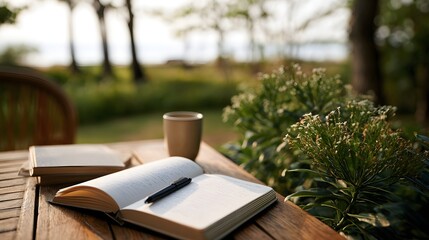 Obraz premium Open journal with pen and coffee cup on wooden table beside greenery in soft natural light