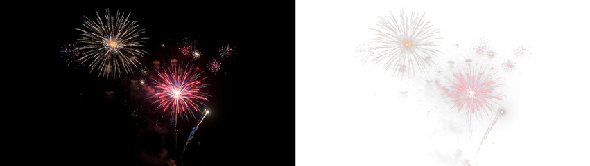 Fototapeta premium Vibrant fireworks display against a dark night sky, featuring brilliant bursts of red, white, and golden light trails creating a festive celebration atmosphere isolated on transparent background