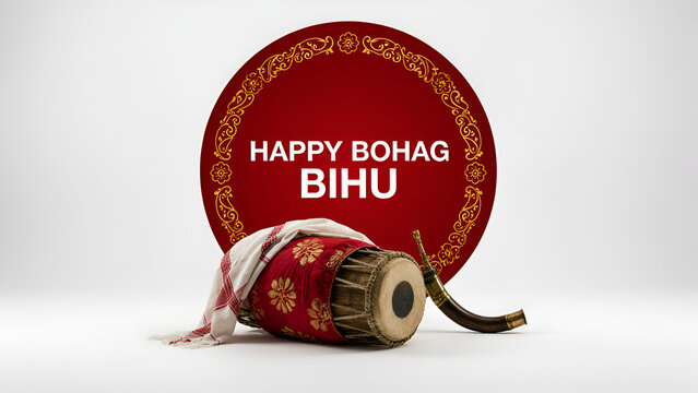 Traditional Assamese Rongali Bihu Poster with Red and Gold Decorative Design